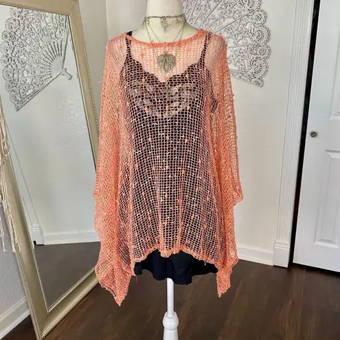 Whimsygoth Salmon Pink / Orange Boho Shawl Asymmetric Crochet Knit Top OS Size undefined