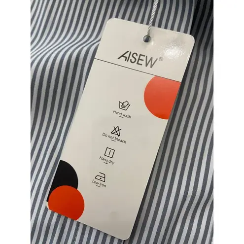 Aisew Button Front Shirt Womens L Pin Striped Long Sleeve Collared Gray NEW Size L