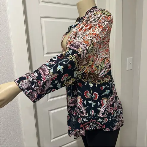 Phool Womens Floral Paisley Print Pleated Top Size 2X Boho Patchwork Y Neck