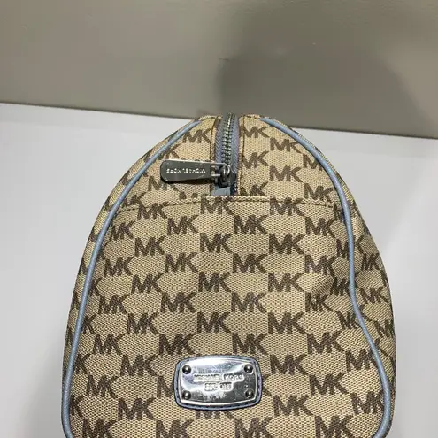 Michael Kors Bedford Satchel Handbag Blue Leather Trim MK Logo Canvas