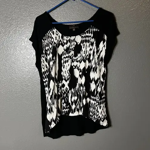 Fenn Wright Manson L Black White Ikat Print Mixed Media Blouse Top