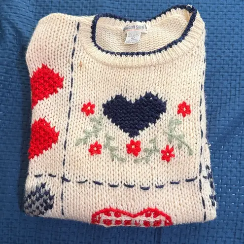 VTG 80s Allison Smith Heart Knit Sweater | L Ramie Blend Made in Korea Red Size L