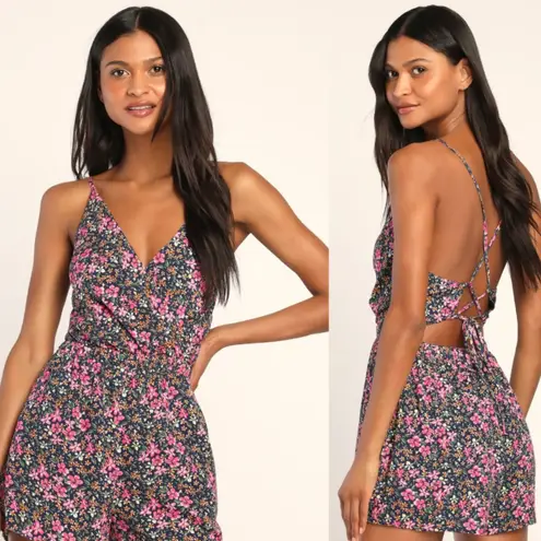 LULUS Cross Back Flowy Floral‎ Romper Womens Small Navy Pink Blue