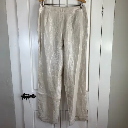 Spiegel Women's Metallic Linen Blend Cuffed Leg Pants Size 10 Neutral Sparkle