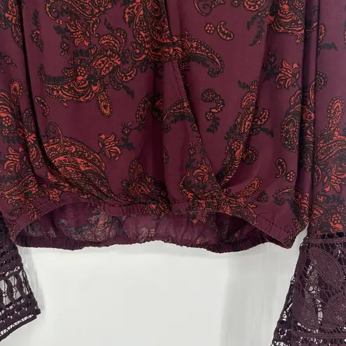 Sun & Shadow Burgundy Drape Front Crop Top Long Crochet Bell Sleeves Size XS