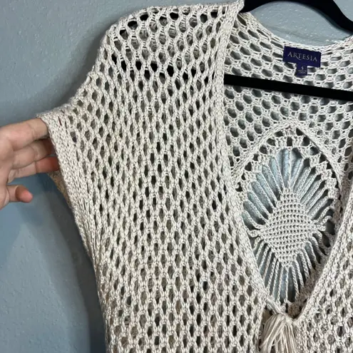 Artesia Crochet Kimono Duster Sz S Tunic Fringe Tie Beaded Boho Festival Hippie Tan