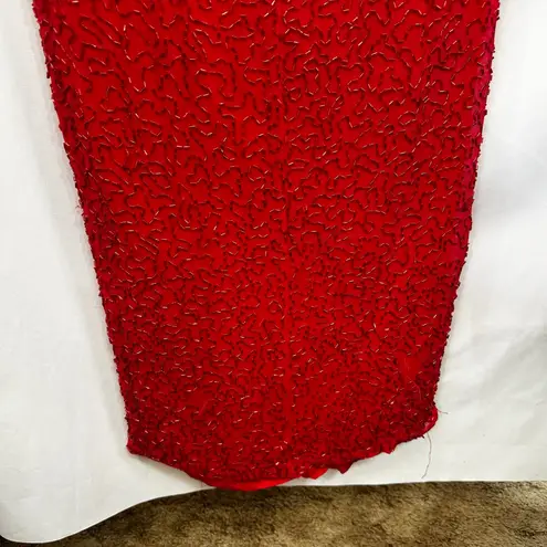 VTG Showtime Size 14 Dress Red Beaded 80s Formal Gown Evening Open Back Slit E