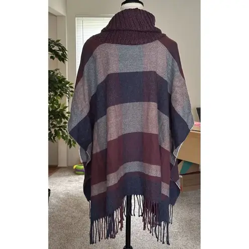 Johnston & Murphy Plaid Wine Red Blue Gray Poncho Cowl Neck w/ Fringe One Size