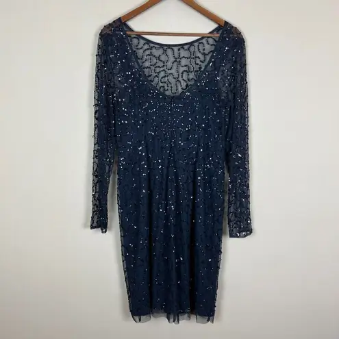 Papell Boutique Dress 16 Navy Blue Sequin Sheath Sheer Long Sleeve Cocktail Zip