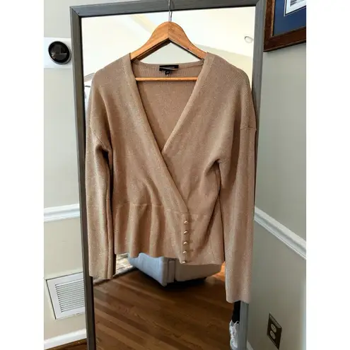 Calligraphie Gold Shimmer Wrap Sweater Metallic Knit Top Large Gray