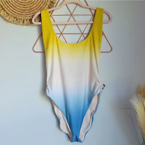 Aerie , Yellow Blue Ombre Super Scoop One Piece High Leg Swimsuit, Size XL