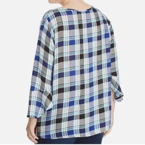 STATUS BY CHENAULT 2X Blue Plaid Henley Top Ruffle Sleeve