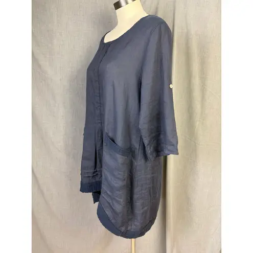 Lungo Livorno Blue Linen Oversized Pocket Tunic Top Easy Coastal Minimalist L Size L
