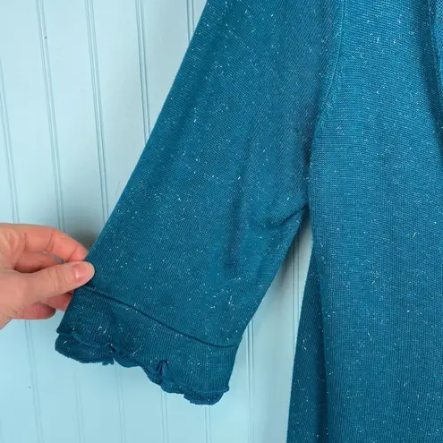 Christopher & Banks Deep V-neck Ruffle Trim Button Down Fitted Cardigan Teal