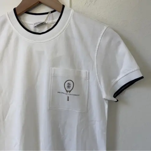 Brunello Cucinelli NWT Tennis Piped Embroidered Cotton-Jersey T-shirt in White