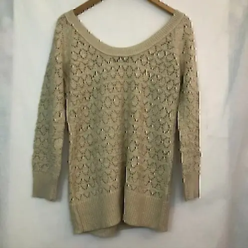 American Eagle NEW NWT  Beige Cream Silver Metallic Knit WOOL Open Weave Sweater