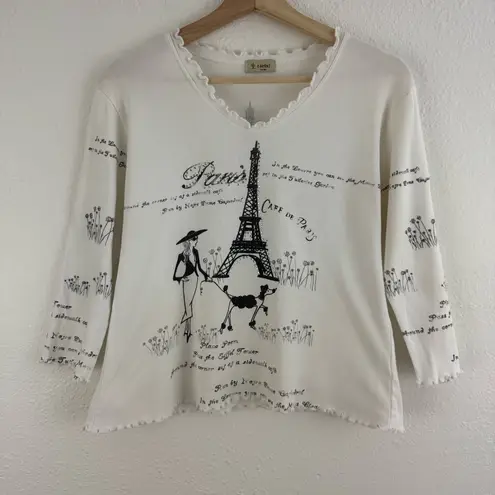 CACTUS Vintage Y2K White Black Paris Eiffel Tower V Neck Graphic Long Sleeve Top Size L