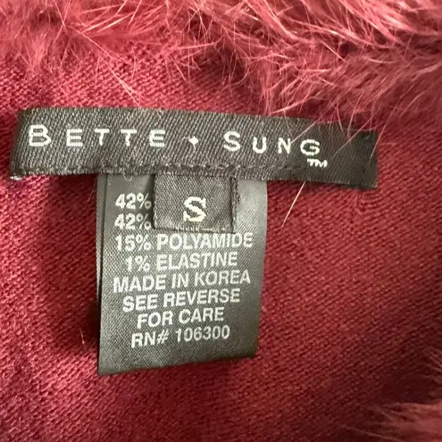 BETTE SUNG | Burgundy Wool Blend Real Fur Collar Beaded Cardigan sweater | Small Red