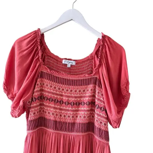 Polagram Boho Chic Embroidered Midi Gypsy Short Sleeves Dress SZ L #2468