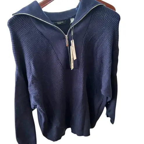 Tahari Women's 1X Navy Blue Ribbed Funnel Neck Half-Zip Pullover Sweater