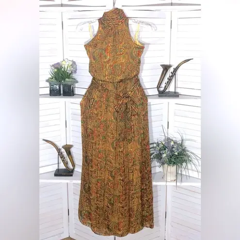 Vintage 80s Lillie Rubin Silk Paisley Halter Maxi Dress XS Yellow