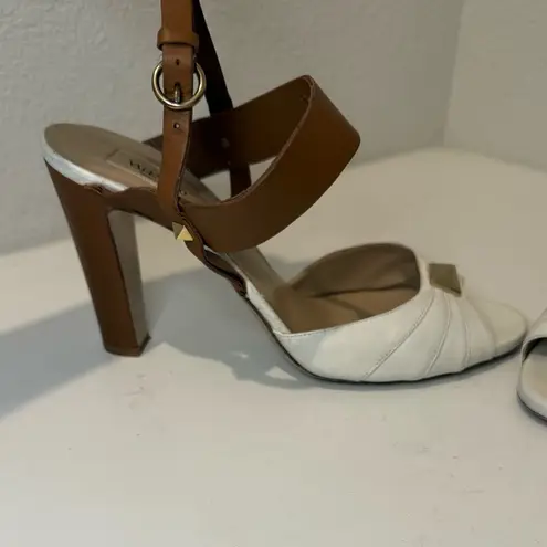 Valentino Garavani Macrostud Rockstud High Heel Sandals Tan White Open Toe 41
