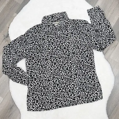 Notations Leopard Print Button Up Blouse White Black Small Long Sleeve Collared