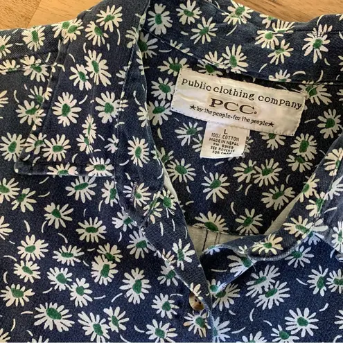 Vintage Sleeveless Blue & Daisy Print Denim Button Down Shirt L Size L