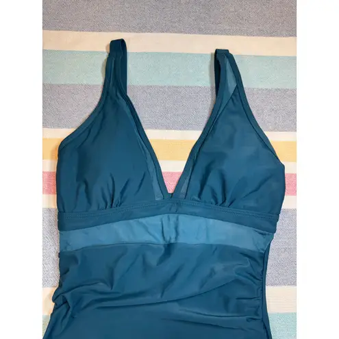 None NWOT Teal Mesh Panel One-Piece Swimsuit | V-Neck | Adjustable Straps | Sz Small