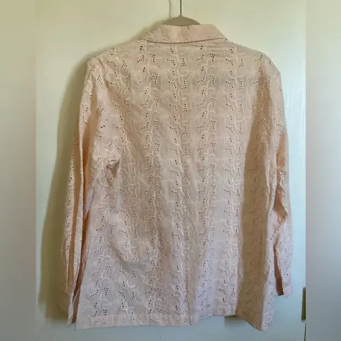 🌞WinterSilks Light Peach Silk Blend Eyelet Button Up Long Sleeve Blouse #O Orange Size L