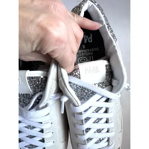 P448  Thea Glitter Casual Designer Sneakers White Silver Size 42 (9-9.5) NEW