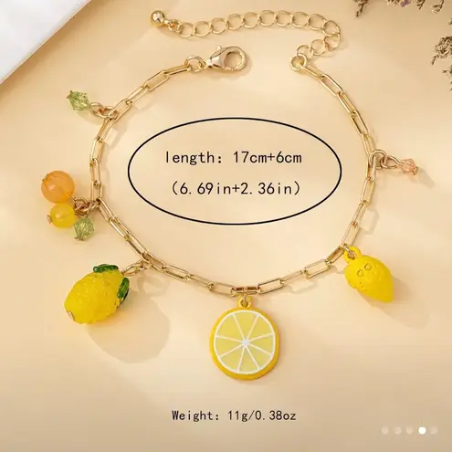 Boutique Lemon Charm Bracelet Adjustable Chain with Lemon, Orange & Cherry Charms