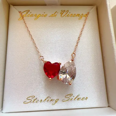 Sterling Silver 925 rose gold chain red & white diamond 19” necklace