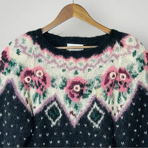 VTG Jennifer Reed Floral Fair Isle Sweater Hand Knit Small Cottagecore Grandma Black