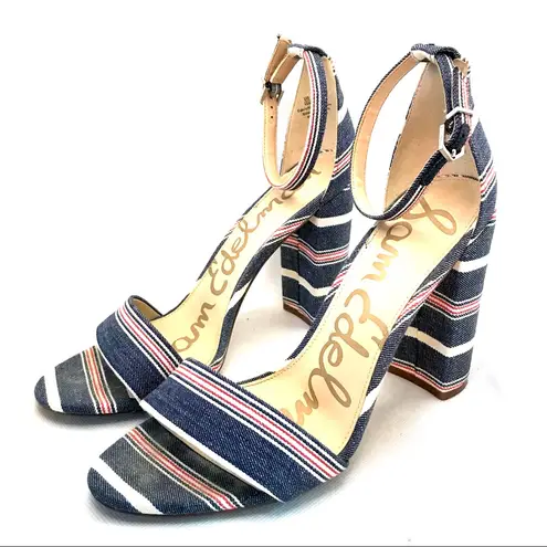 Sam Edelman  "YARO" DENIM BLUE, RED & WHITE STRIPED FABRIC COVER HEELS (10)