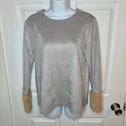 Catherine Malandrino Soft Faux Suede Leather Faux Fur Cuff Long Sleeve Top Grey