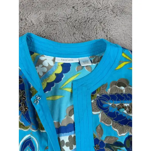 Tantrums Floral Paisley Print Open Front Cardigan Jacket Bohemian Size L Blue Size L