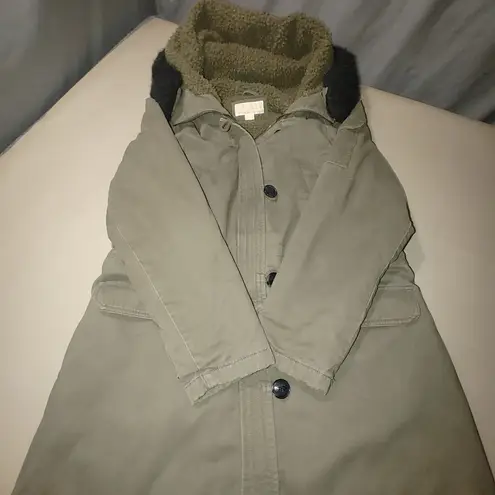 Michael Kors Hooded Parka Coat Size Large Olive Faux Fur Trim Sherpa Lining Black