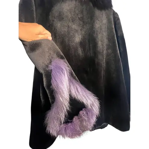 Sheared Mink and Farmed Fox Real Fur Coat Jacket Lush Luxury Purple Black Size 8