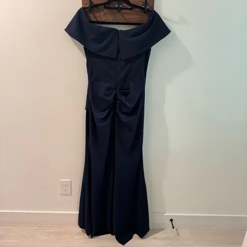 XScape NWT Scuba Off Shoulder Ruched Navy Bow Gown Size 12