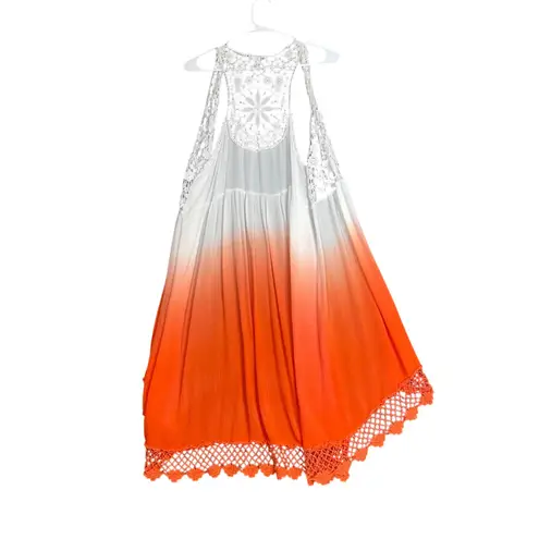 Crochet Lace Trim Kimono Vest Womens Medium Orange White Ombre Duster Boho Chic
