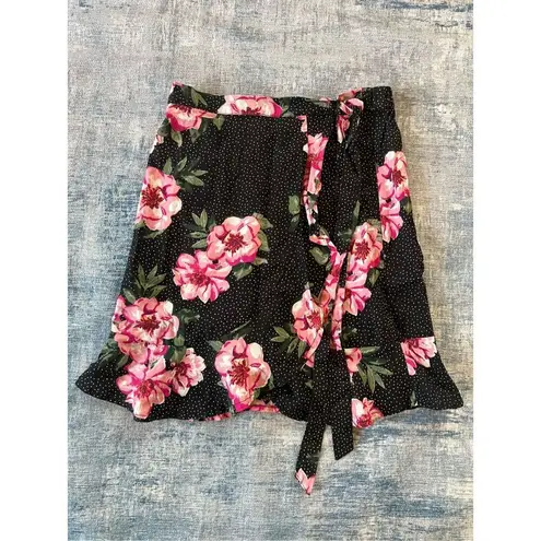 Planet Gold Black White Polka Dot w Pink Floral Faux Wrap Mini Skirt Small