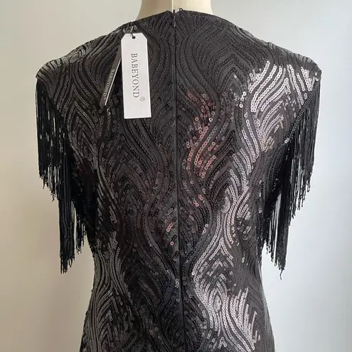 NWT Babeyond Black Sequin Fringe 1920s Flapper Beads Gatsby Dress Medium Large