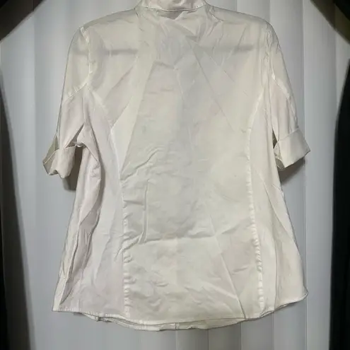 Anne Klein  split vneck short sleeve white dressy blouse with gold buttons cuffed