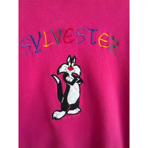 Vintage Jerzees Sylvester Looney Tunes Sweatshirt Pink Embroidered Large USA
