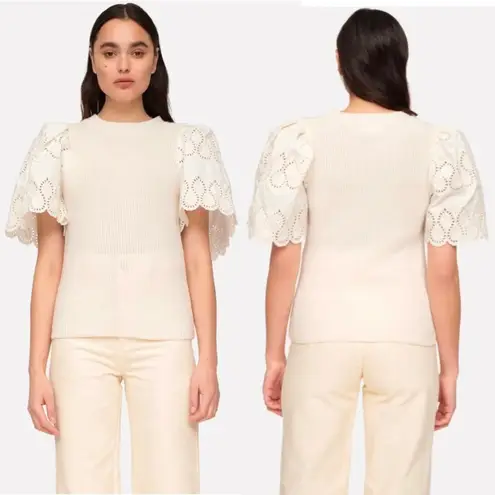 Sea New York Nadene Eyelet Cream Wool Knit Sweater White Short Sleeve Crewneck S Size XS