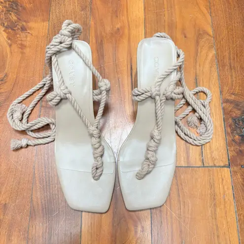 NWOT COVET Shoes Elsa Nude Heels Wood Block Heel Tie Up 8 Tan