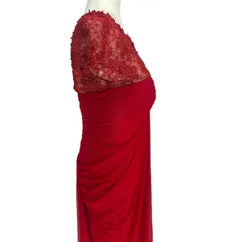 Tadashi Shoji Paillette Lace Tulle Gown Flame Red Maxi Dress Formal Size Medium