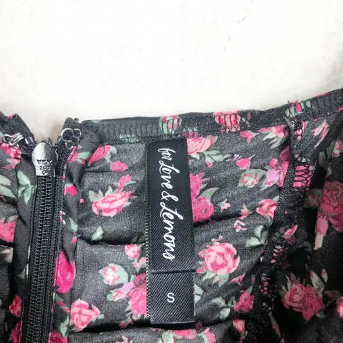 For Love and Lemons Melrose Mini Dress Small Floral Puff Sleeve Ruched Fairy Black