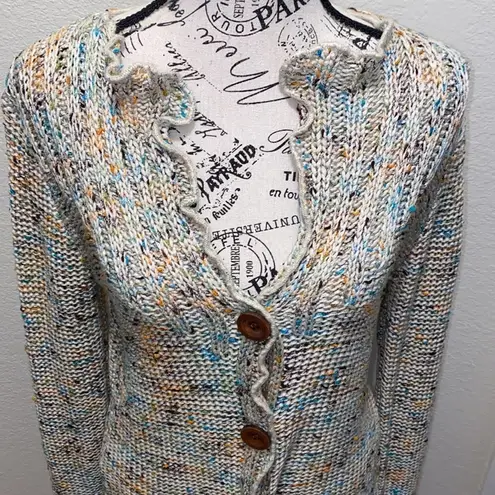 BCBGMAXAZRIA  women's Marled Knit cardigan sweater ruffle trim multi V Neck Large